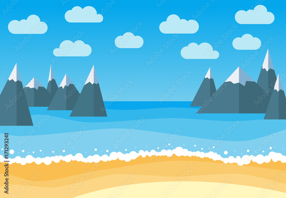 Vector landscape with summer beach and rocks. Waves of the sandy beach, blue sky, sea and mountains. Landscape vector illustration.
