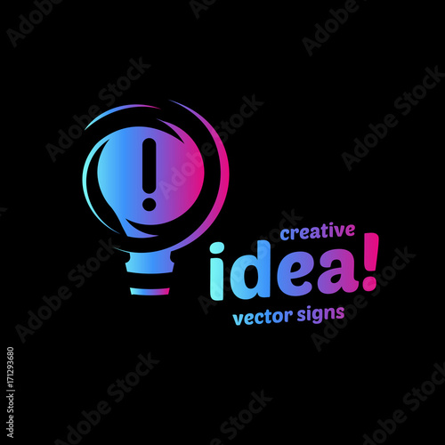 Abstract idea symbol, lightbulb eureka sign gradient color vector isolated logo on black background.