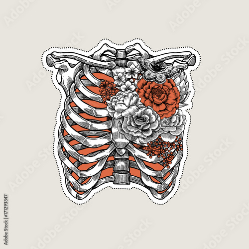 Tattoo anatomy vintage illustration. Roses chest skeleton. Vector illustration