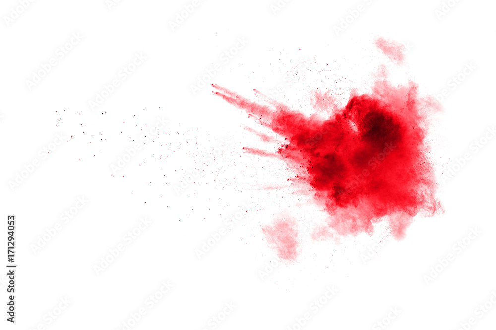 abstract red powder splatted on white background,Freeze motion of red powder exploded.