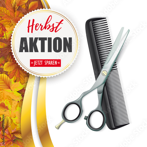 Friseur Herbstaktion Haarschere mit Haarkamm