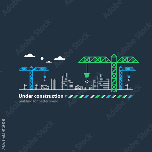 Real estate building company, under construction site banner, cranes