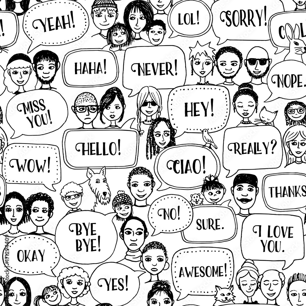 Hand drawn pattern with cute doodle faces, a few animals, speech bubbles and words Hand drawn pattern with cute doodle faces, a few animals, speech bubbles and words