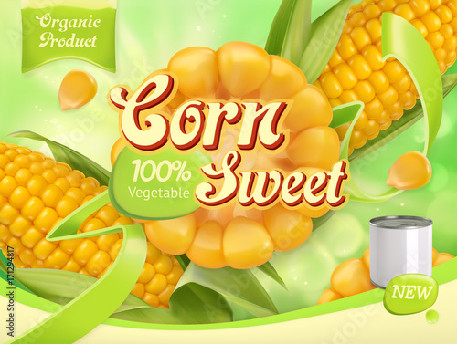 Sweet corn. 3d realistic vector, package design