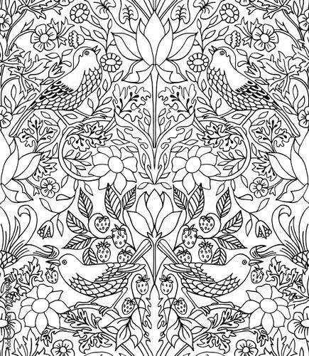 Strawberry thief - hand drawn seamless pattern with black and white outlines, floral illustration with birds