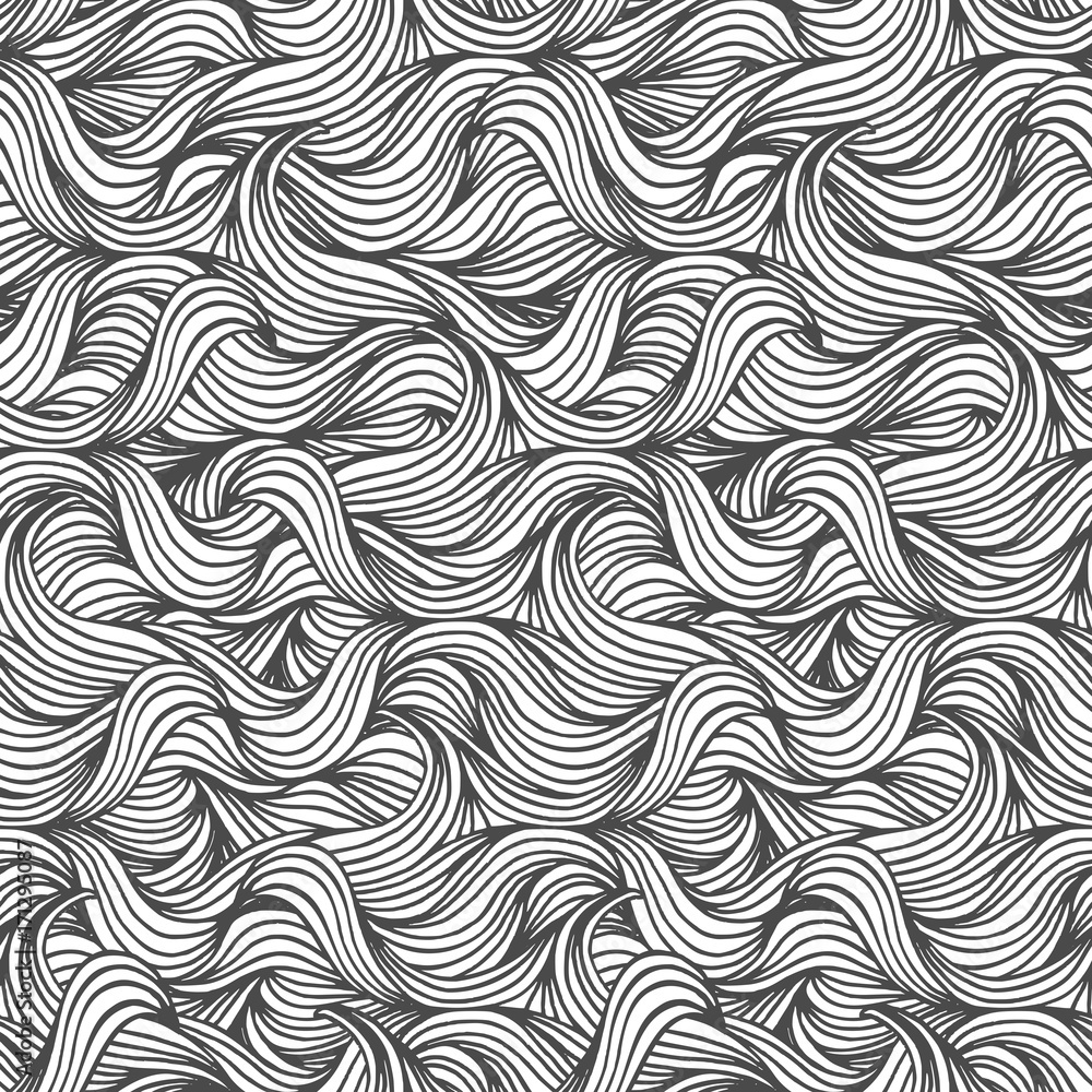 Hand drawn seamless wave pattern in black and white