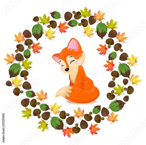 Cute fox cartoon character. Vector autumn seasonal card
