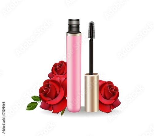 Mascara cosmetics Realistic tube with brush. 3d package. Container of cosmeti...