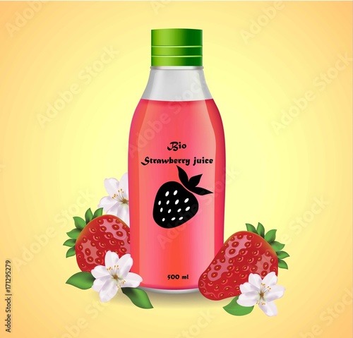 Plastic Bottle of strawberry juice realistic Vector. Product package label
