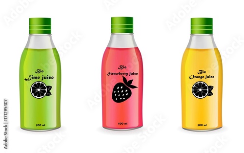 Juice bottles set Vector realistic isolated on white. Product package design label fruit