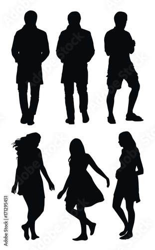 Set of black vector walking and standing people silhouettes isolated on white background