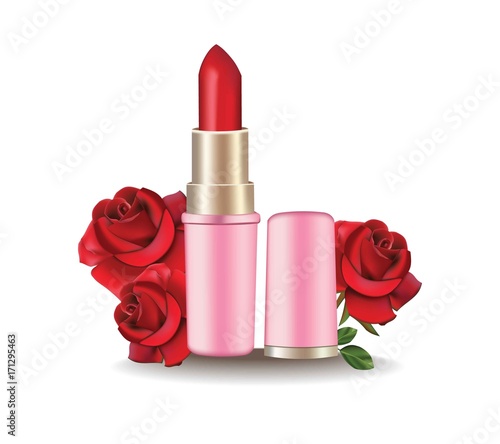 Red lipstick Cosmetics Product realistic Vector. 3d illustration with roses f...