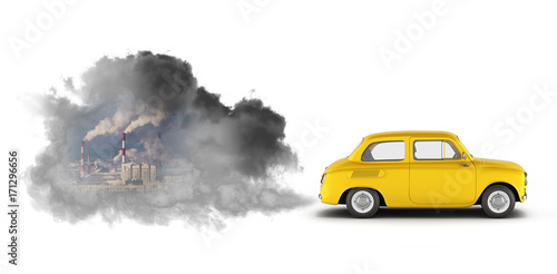 concept of pollution by exhaust gases the car releases a lot of smoke on white background 3d render