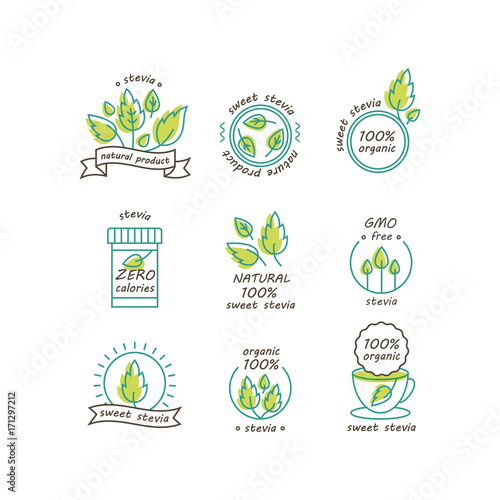 Vector set of stevia labels, logos, badges, icons. Natural sweetener design element. Organic stevia icon isolated. Eco safe stevia badge design.