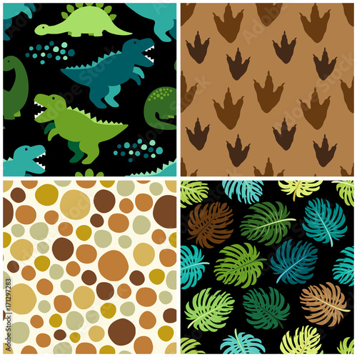 Cute set of childish seamless patterns with dinosaurs ideal for fabrics, wallpaper and different surfaces