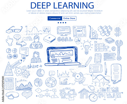 Deep Learning concept with Business Doodle design style: online studies, best books ,top resources.