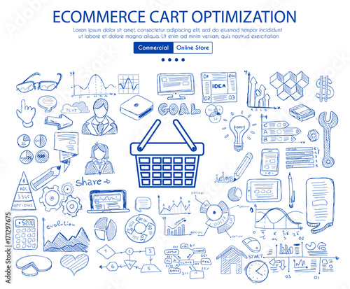 Ecommerce cart optimization concept with Business Doodle design style: online carts, sales and offers, best timing.