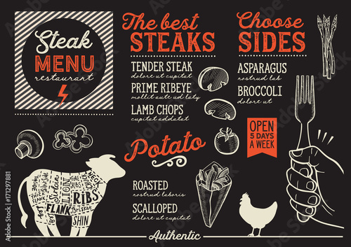 Steak menu restaurant, food template.