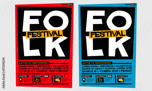 Folk Festival Poster (Flat Style Vector Illustration Music Design) Event Invitation with Venue and Time Details