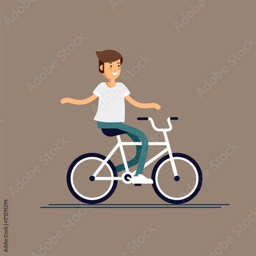 Young guy having fun riding bicycle with backpack . Kid having free time on weekend. Summer break outdoor recreation for junior. Happy boy riding bike.