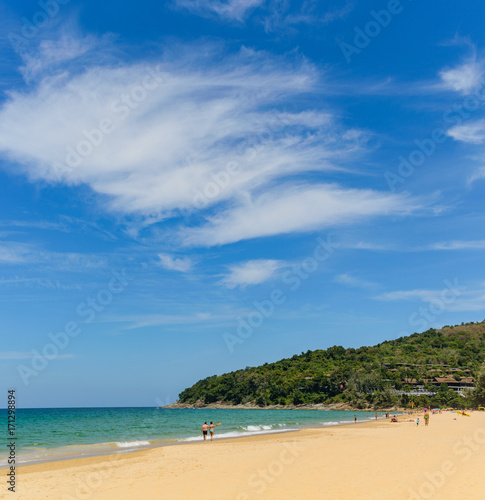 Blue sky and calm sea on Naithon Noi beach in Phuket Thailand