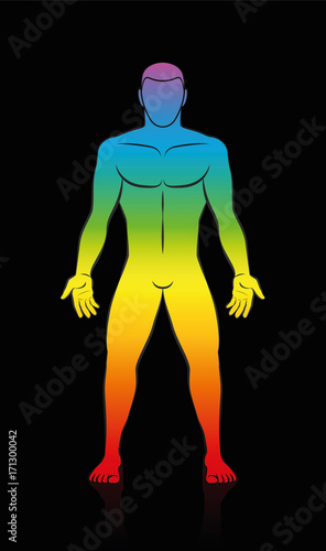 Male body - rainbow colored human silhouette in meditating upright standing yoga position on black background.