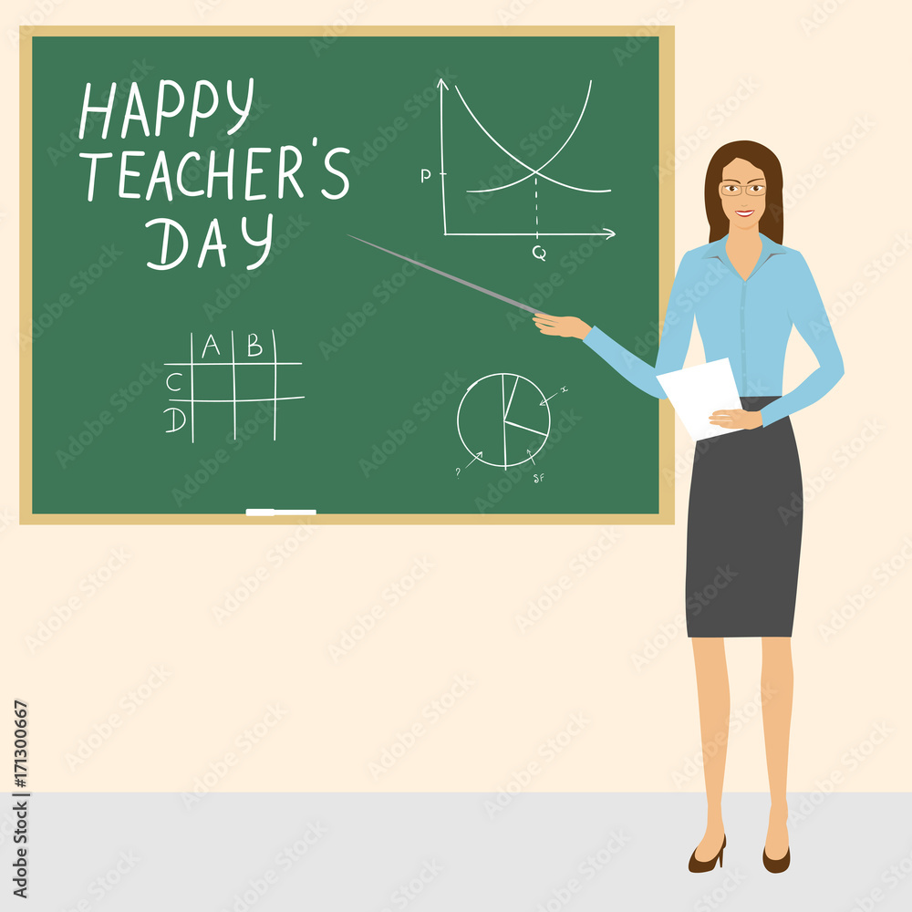 beautiful young woman teacher standing at the blackboard with a pointer. Happy teacher's day beautiful young woman teacher standing at the blackboard with a pointer. Happy teacher's day
