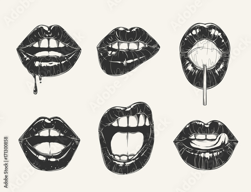 Woman's lip gestures set. Black and white girl's mouths close up different emotions