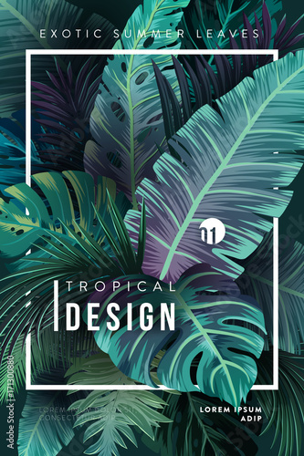 Bright tropical background with jungle plants. Exotic pattern with tropical leaves