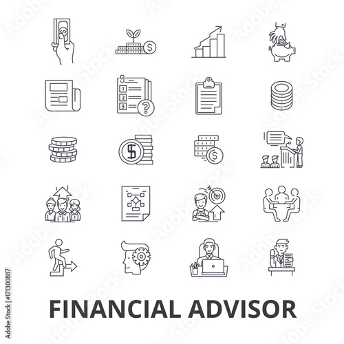 Financial advisor, planning, advisor, planner, investment, accountant, business line icons. Editable strokes. Flat design vector illustration symbol concept. Linear signs isolated on background