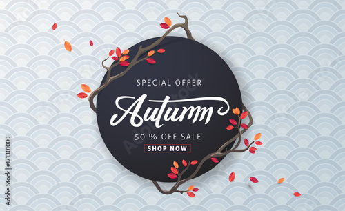 Autumn sale background layout decorate with leaves for shopping sale or promo poster and frame leaflet or web banner.Vector illustration template.