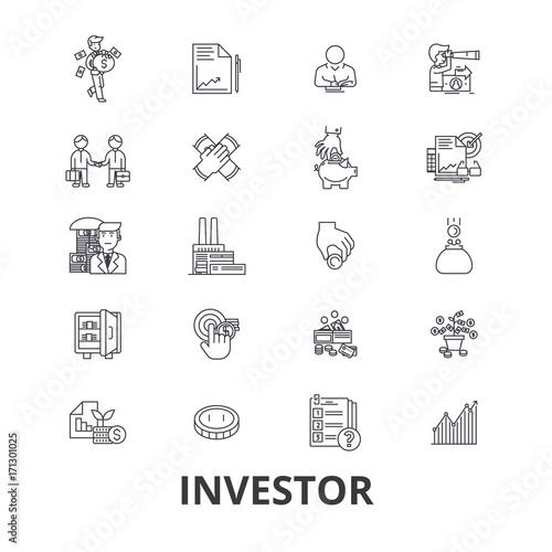 Investor, investment, business, stock market, finance, money, business man, bank line icons. Editable strokes. Flat design vector illustration symbol concept. Linear signs isolated on background