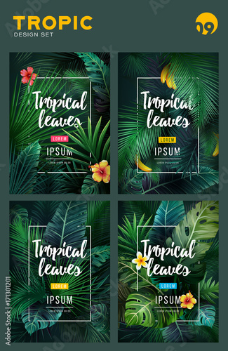 Set of Bright tropical background with jungle plants. Exotic pattern with tropical leaves