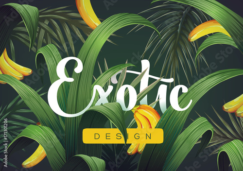 Bright tropical background with jungle plants. Exotic pattern with tropical leaves