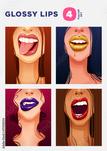 Set of swag illustrations. Close-up sexy women's faces with beautiful full glossy lips