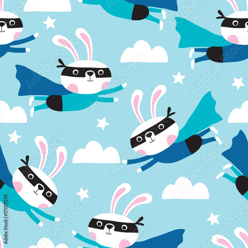 Fototapeta Naklejka Na Ścianę i Meble -  seamless flying superhero bunny rabbit pattern vector illustration