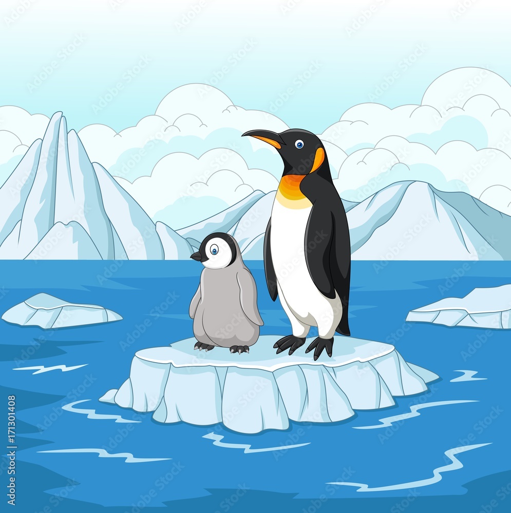 Fototapeta premium Kartonowa matka i mały pingwin na krze
