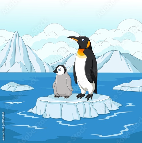 Carton mother and baby penguin on ice floe