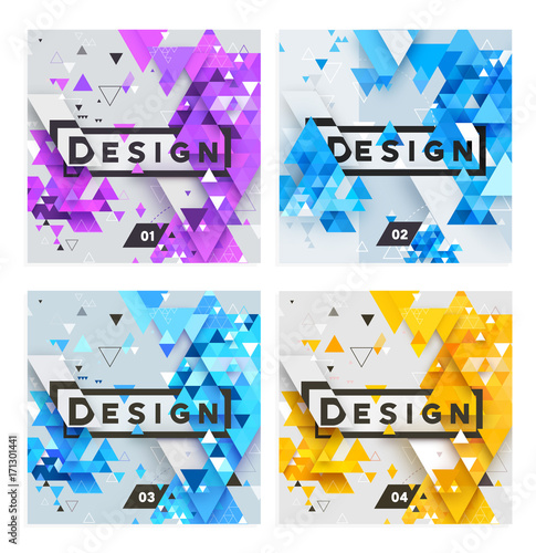 Bright color covers set. Triangular shapes composition. Futuristic design posters