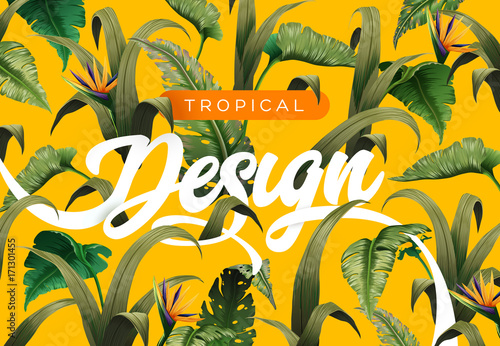 Bright tropical background with jungle plants. Exotic pattern with tropical leaves