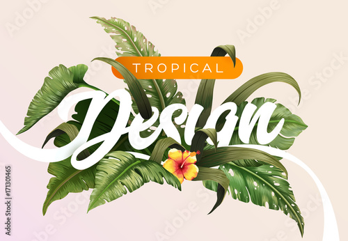 Bright tropical background with jungle plants. Exotic pattern with tropical leaves
