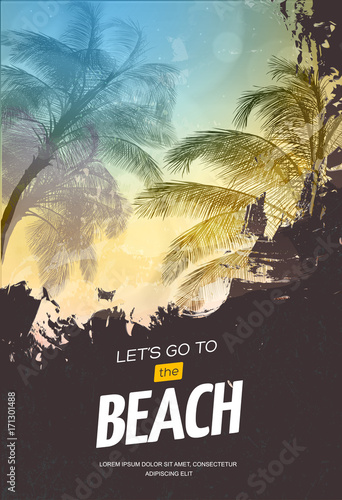 Summer party poster or flyer design template with palm trees silhouettes. Modern style