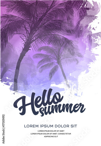 Summer party poster or flyer design template with palm trees silhouettes. Modern style