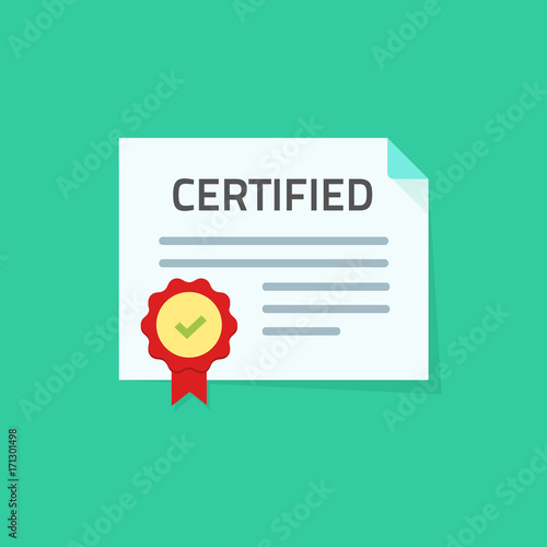 Certificate icon vector illustration, flat style paper document with approved seal or stamp and certified stamp, idea of legal document, quality guarantee confirmation symbol isolated