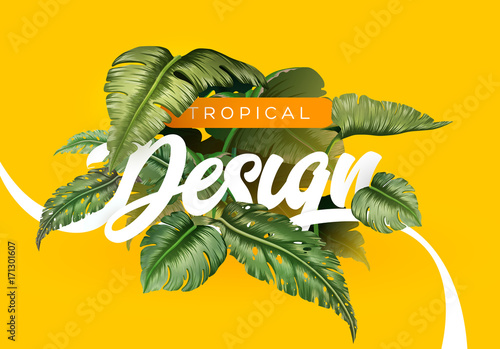 Bright tropical background with jungle plants. Exotic pattern with tropical leaves