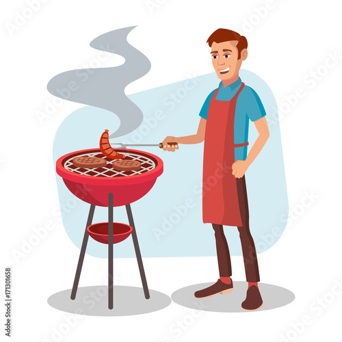 BBQ Cooking Vector. Man Cook Grill Meat On Bbq. Isolated Flat Cartoon Character Illustration