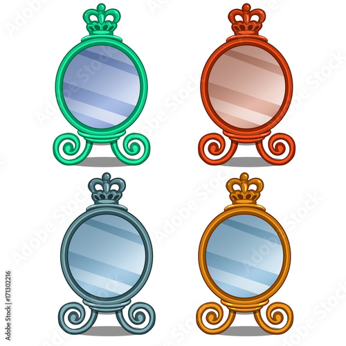 Set of cosmetic mirror with crown decoration. Vector illustration in cartoon style on white background. Image isolated for your design needs
