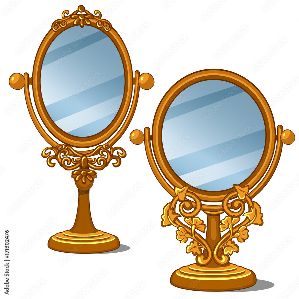 Two mirrors with golden frame and petal ornament in vintage style. Vector illustration in cartoon style on white background. Image isolated for your design needs Two mirrors with golden frame and petal ornament in vintage style. Vector illustration in cartoon style on white background. Image isolated for your design needs