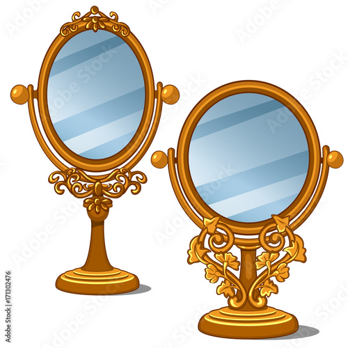 Two mirrors with golden frame and petal ornament in vintage style. Vector illustration in cartoon style on white background. Image isolated for your design needs