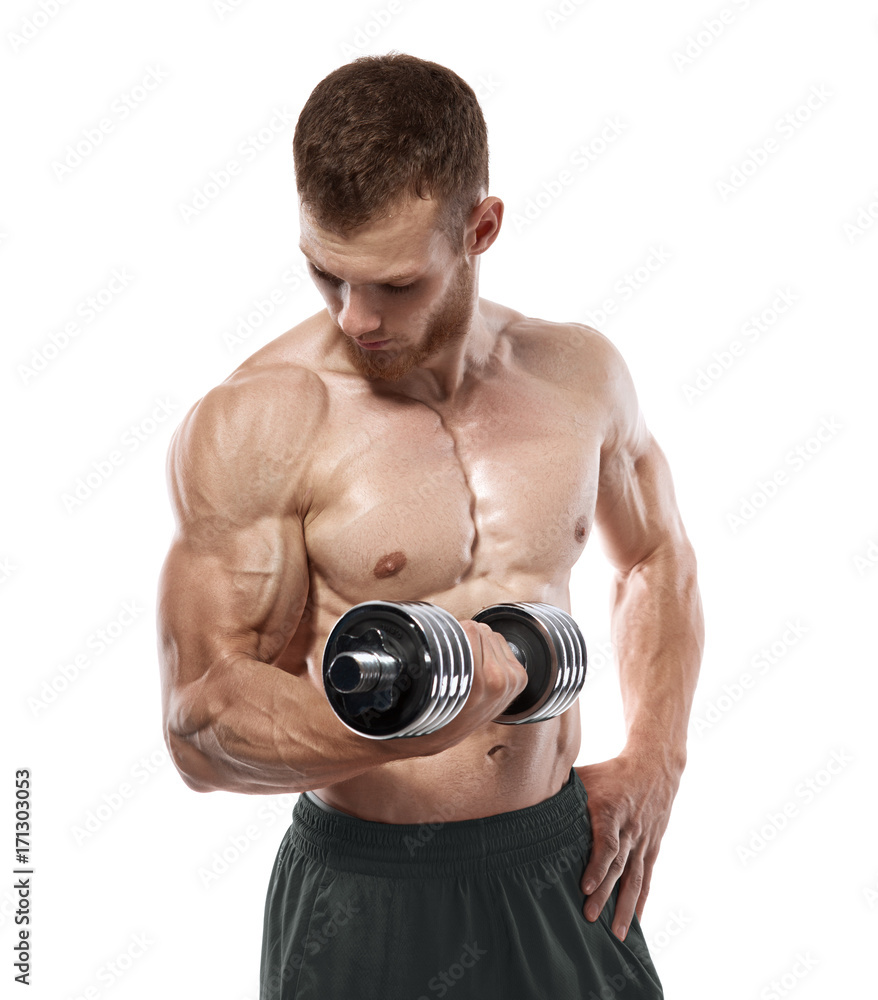 Muscular bodybuilder guy doing exercises with dumbbells over white background Muscular bodybuilder guy doing exercises with dumbbells over white background
